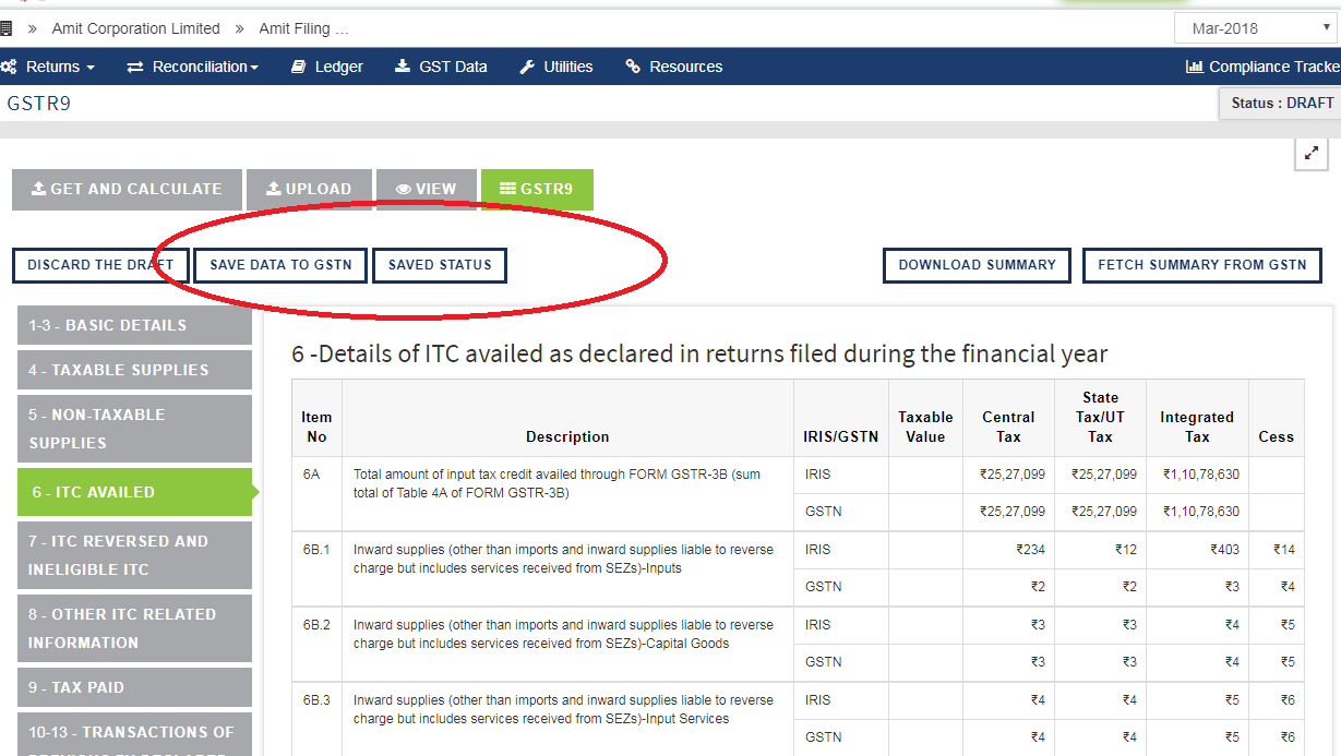 Image for newletter Jun-19 issue 117Issue 1 screenshot of sapphire GSTR 9 Updates-Save to GSTN