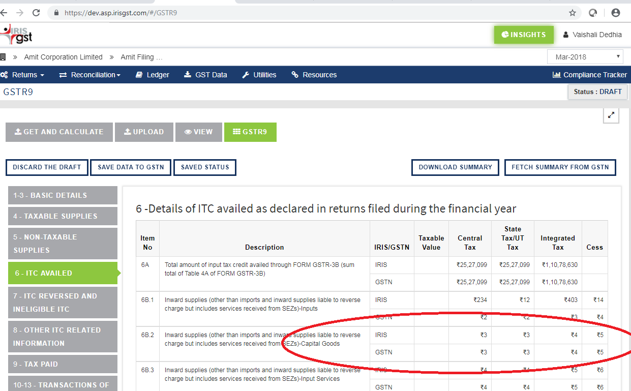 Screen shot of sapphire 17Issue 2 GSTR 9 Updates-Comparative View of IRIS vs GSTN Upload of GSTR 9