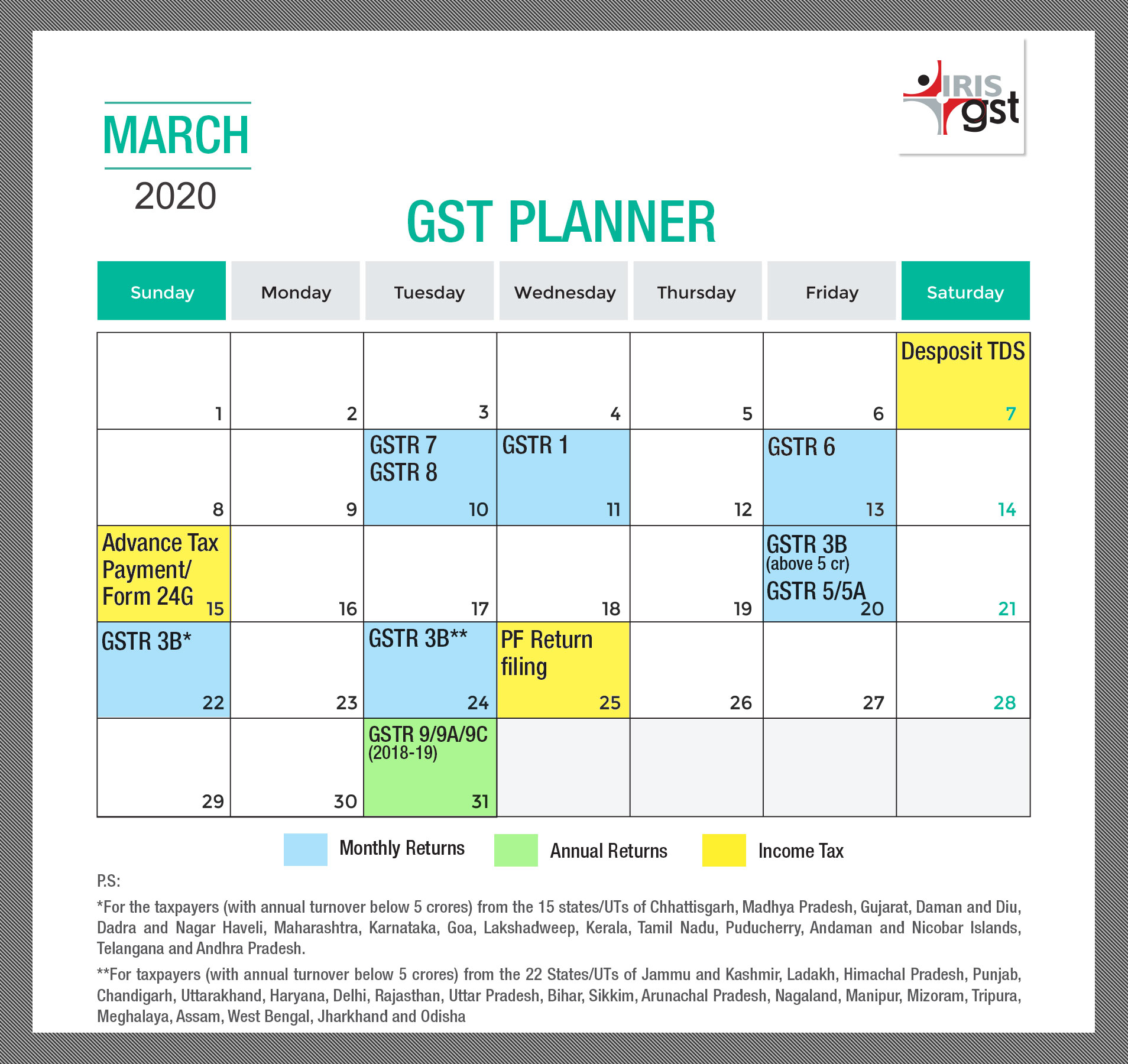 GST Compliance Calendar March-2020