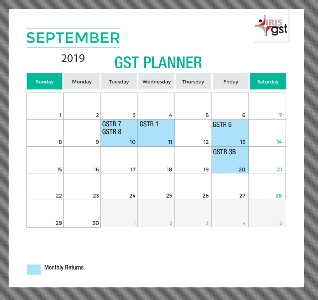 September 2019 GST Compliance Calendar