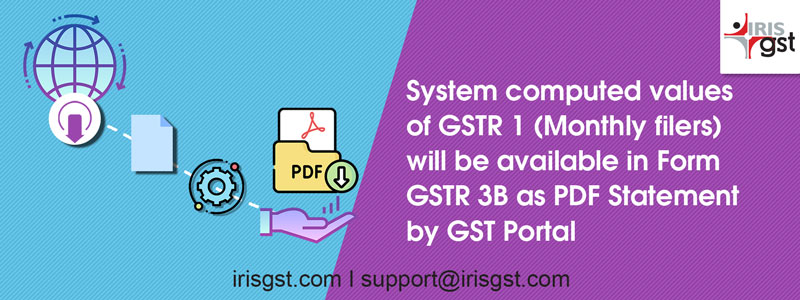 System computed values of GSTR 1 (Monthly filers) will be available in Form GSTR 3B as PDF Statement by GST Portal