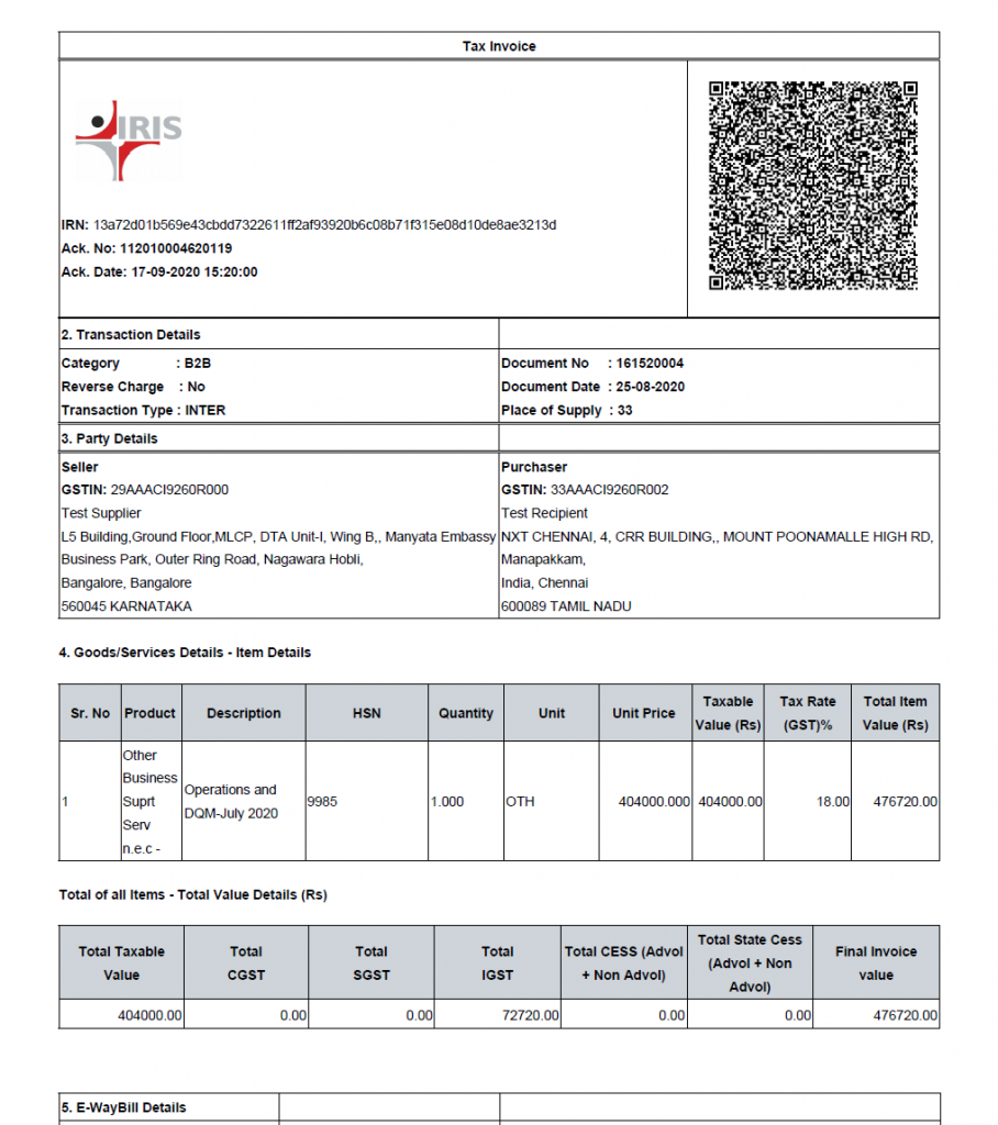 specimen of a B2B invoice with QR code 